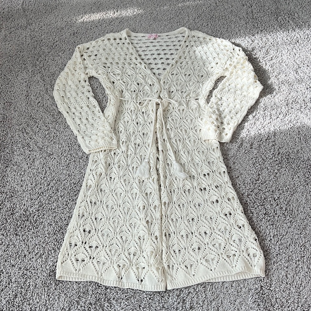 Pink Lily Cream Open Knit Crochet Tie Front Cardigan Sweater Swim Cover Up New